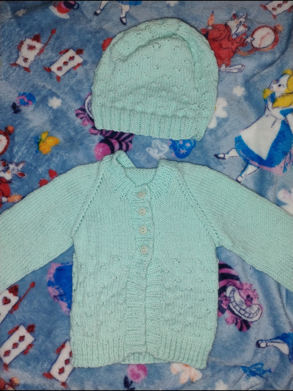 Hand-Knit Baby Cardigan and Hat Set - Mint Green